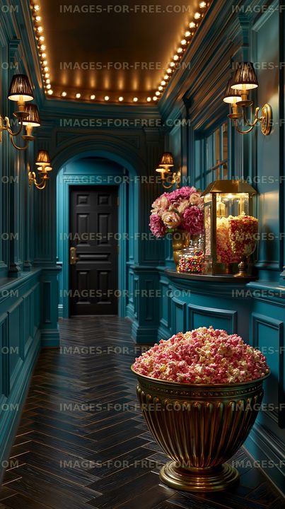 Colorful hallway with popcorn display and decorative lights