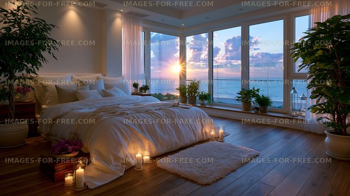 Cozy bedroom with large windows and sunset view over the water
