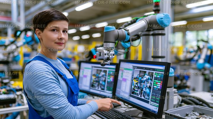 Woman operating machinery in a modern industrial workspace