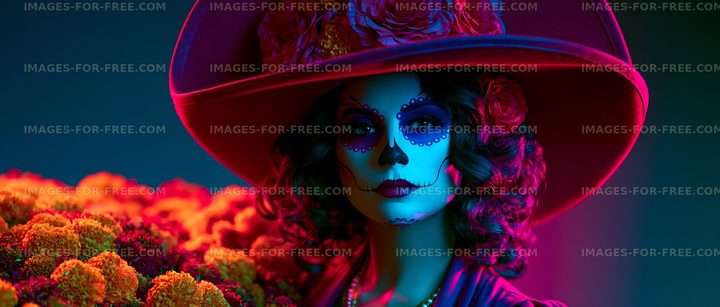Colorful skull makeup worn by a woman with a large hat and flowers