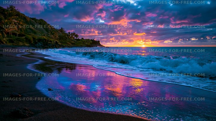 Sunset over the ocean viewed from a black sand beach