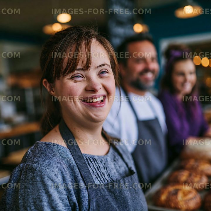 Smiling woman in bakery with coworkers and freshly baked goods