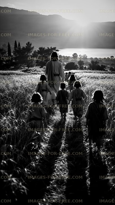 Walking through a field with children at sunset