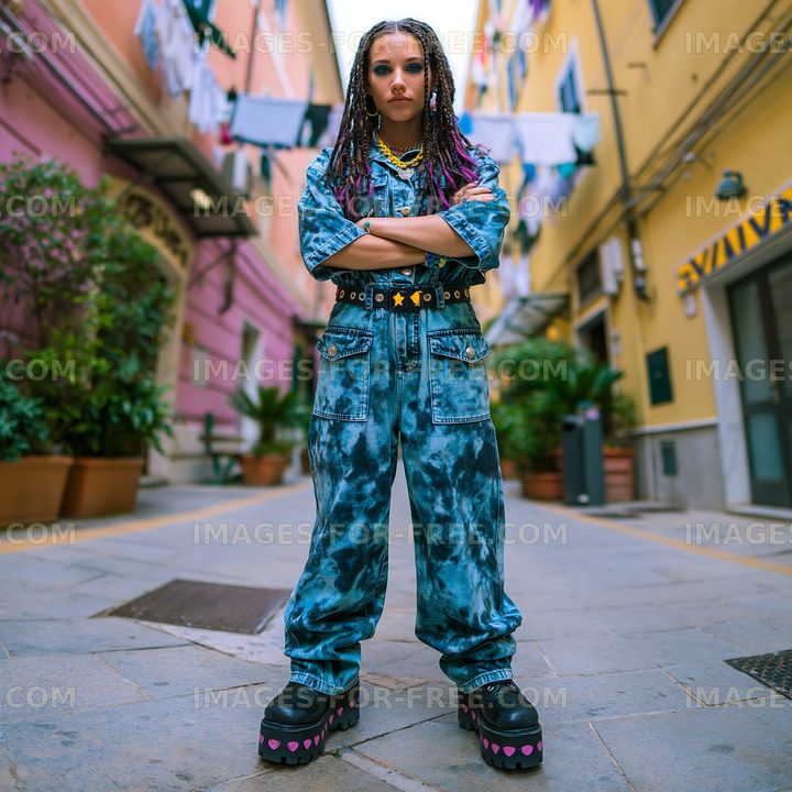 Young woman in denim outfit stands in urban alley
