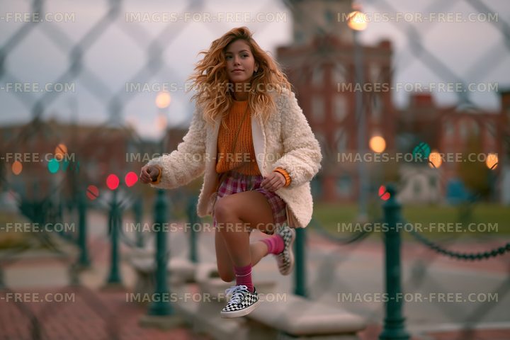 Jumping girl in a city park with chain-link fence