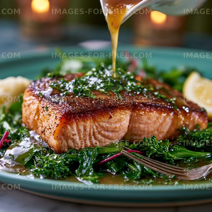 Cooked salmon fillet with sauce and greens on a plate