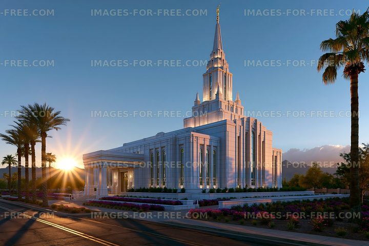 Sunset view of a temple with palm trees in the foreground