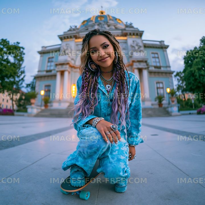 Woman in blue outfit poses with skateboard in front of building