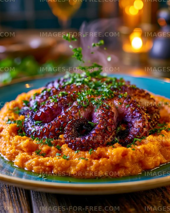 Octopus served on a bed of creamy mash at a restaurant in the evening