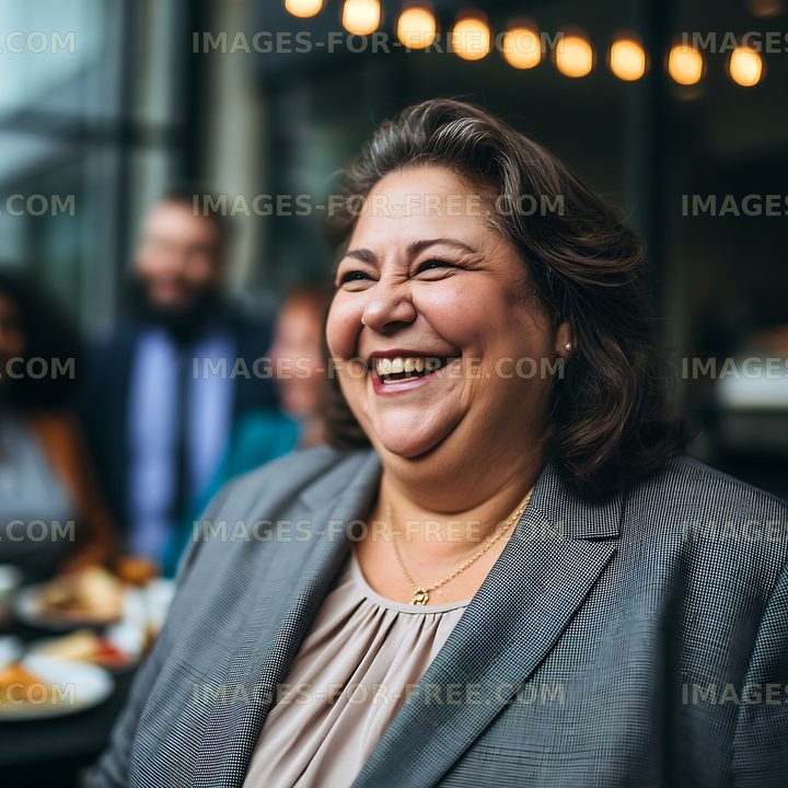Smiling woman in a gray suit at a social gathering