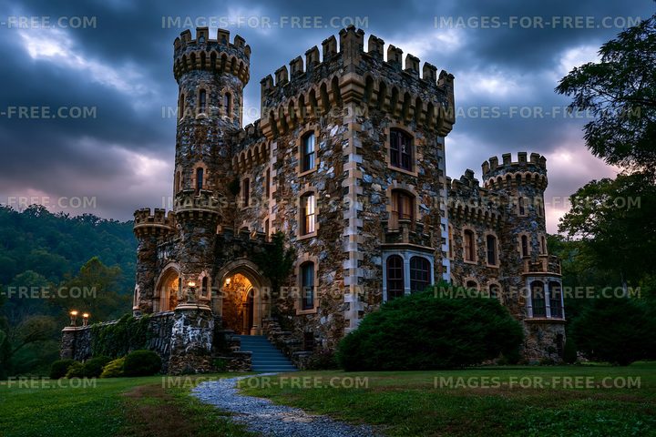 Historic stone castle under cloudy sky at dusk