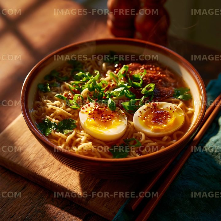 Delicious bowl of ramen with egg and toppings on a wooden table