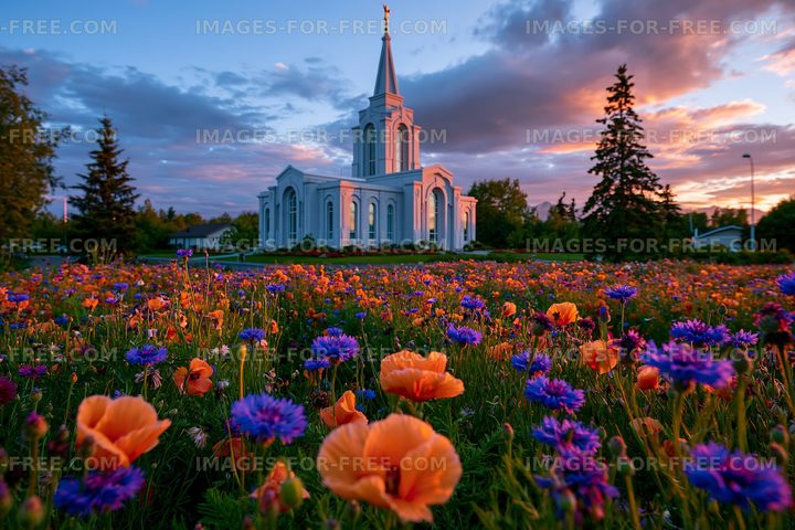Colorful flowers surround a white church at sunset