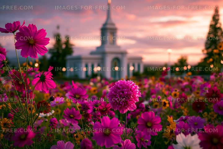 Colorful flowers in bloom near a church at sunset