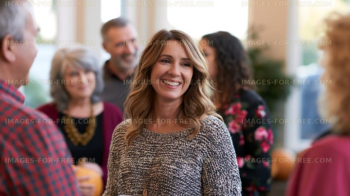 People socialize and laugh at a gathering during autumn