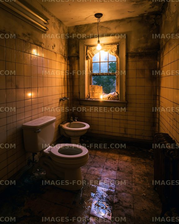 Bathroom in an abandoned building with a window and a light bulb