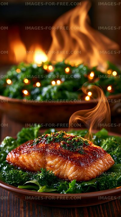 Salmon fillet served on greens with warm lights in the background