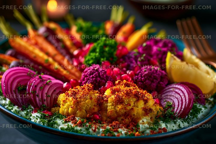 Colorful vegetable platter with herbs and pomegranate seeds