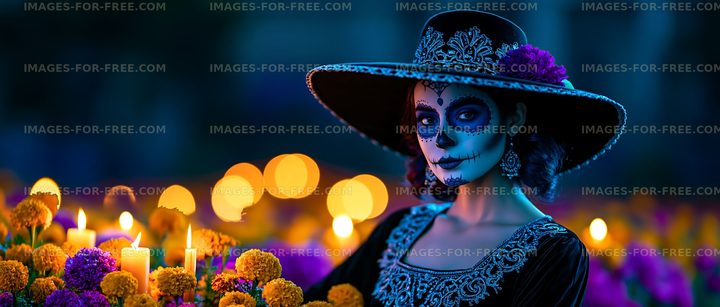 Woman in traditional dress celebrating Day of the Dead festival