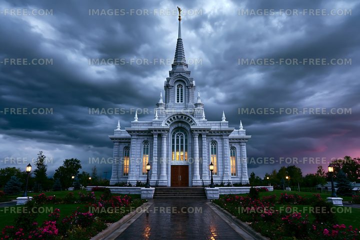 Historic church under dark stormy sky