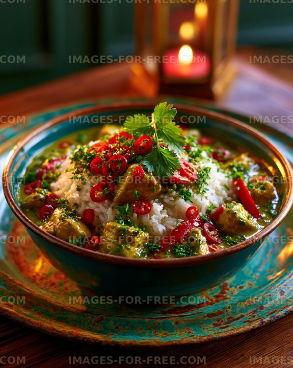 Colorful bowl of curry served with rice and fresh herbs