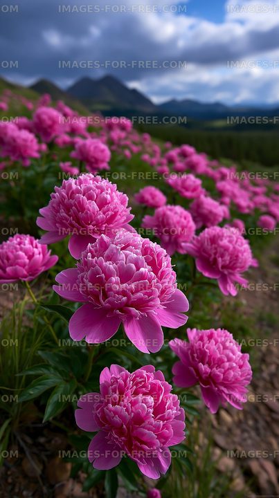 Pink peonies bloom on a hillside under a cloudy sky