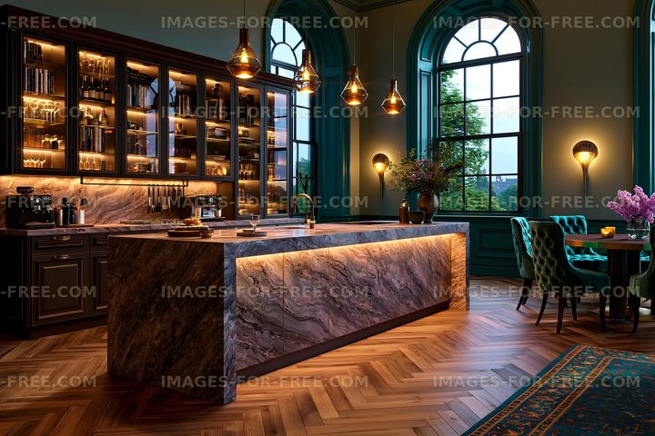 This kitchen displays a large stone island with ambient lighting