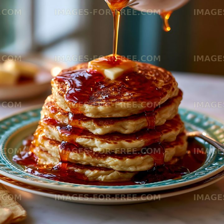 Pancakes stacked on a plate with syrup and butter on top