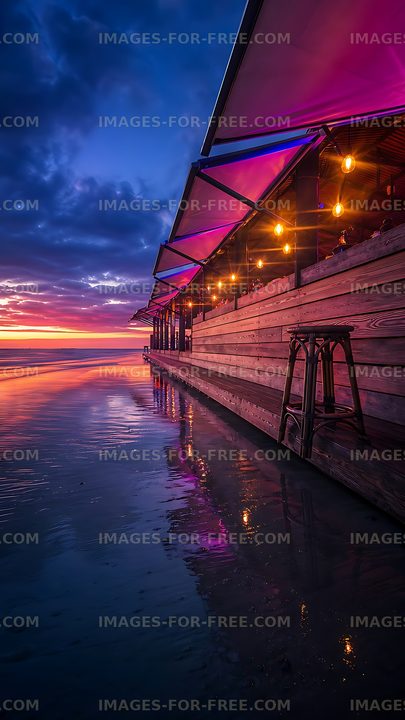 Sunset view of beachside restaurant with colorful lights