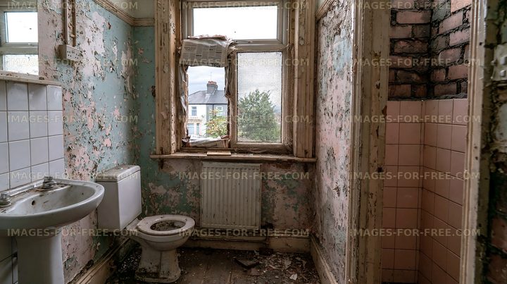 Old abandoned bathroom with peeling walls and broken fixtures
