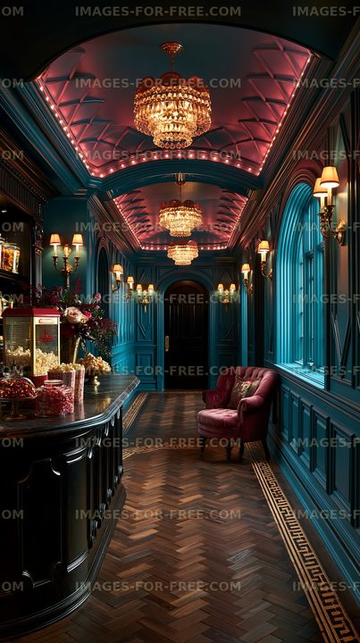 Elegant hallway with blue walls and chandelier lighting