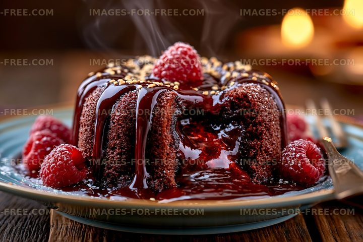 Chocolate dessert with raspberry and warm sauce on a plate
