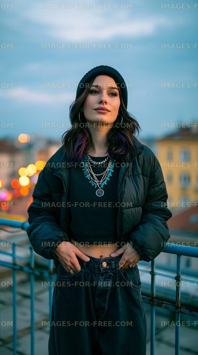 Young woman posing on rooftop during twilight