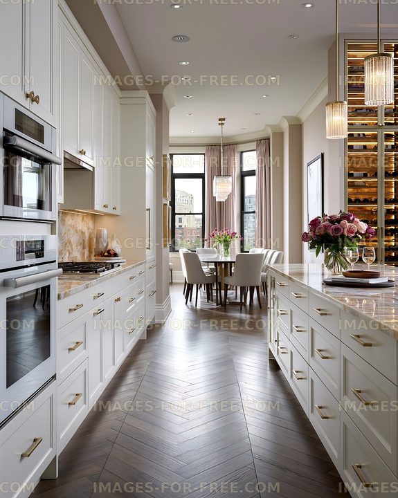 Modern kitchen with dining area and wine storage in bright space