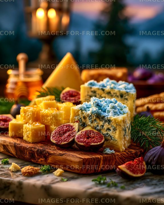 Cheese platter with figs and honey at sunset