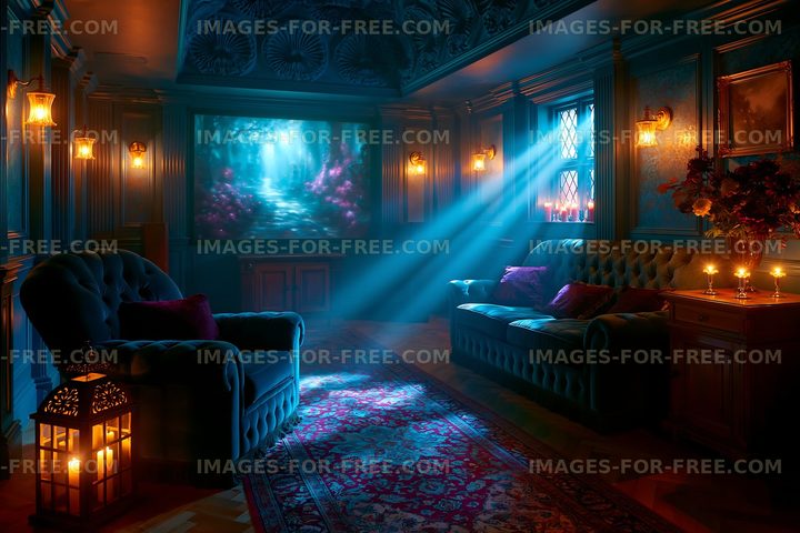 Cozy interior with blue tones and soft lighting in a living room