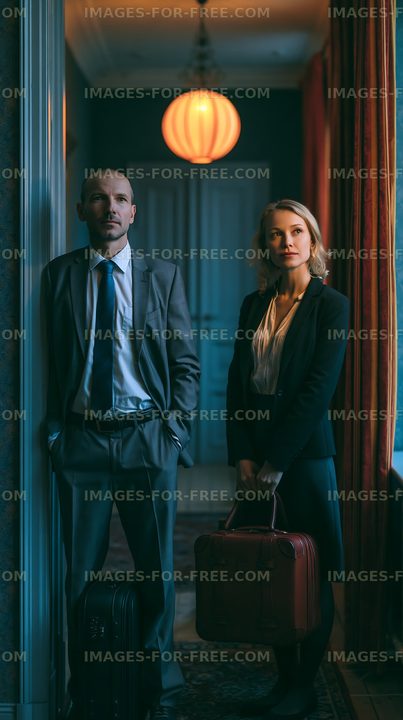 Business professionals waiting in a hallway during late evening