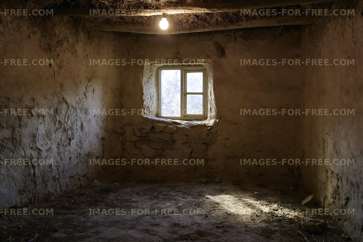Interior of a rustic room with clay walls and a single window