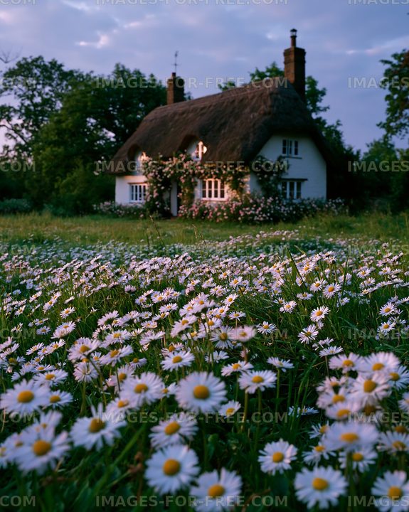 Cottage surrounded by flowers at dusk in a rural setting