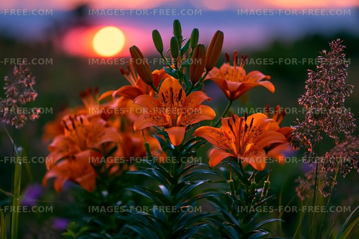Blooming orange lilies in a field during sunset