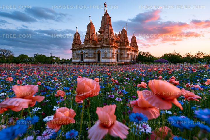 Temple surrounded by flowers at sunset in a vibrant landscape