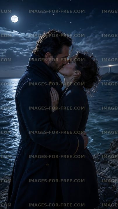 Couple kissing near the ocean under the moonlight