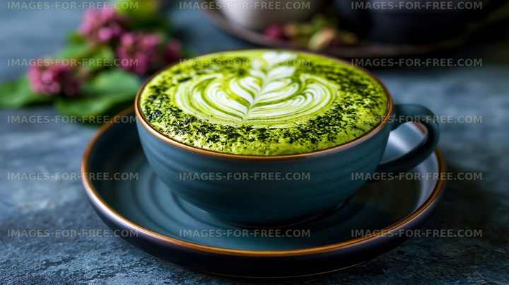 Matcha latte with leaf design in blue cup on a gray surface