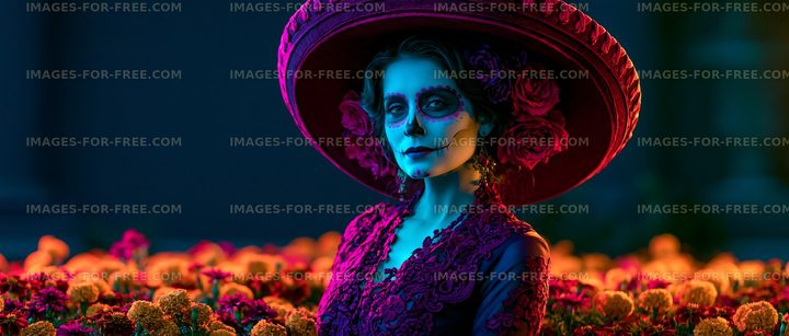 Woman dressed for Day of the Dead celebration with flowers and hat