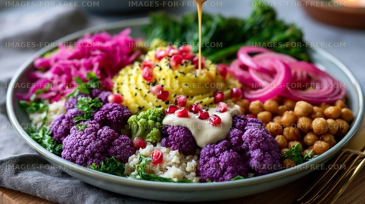 Colorful bowl of fresh vegetables and grains with dressing
