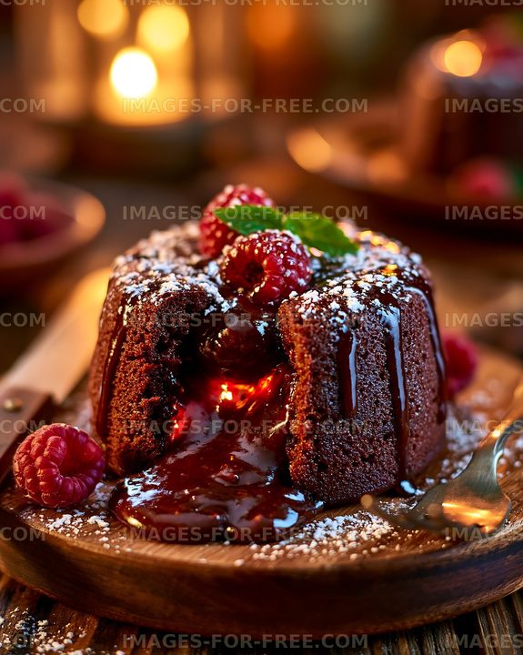 Decadent chocolate dessert with raspberries on a wooden table