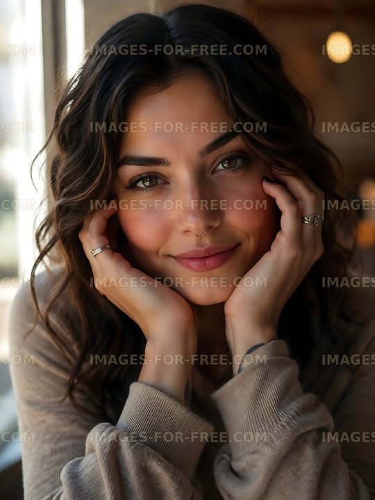 Portrait of a woman smiling with hands on her face