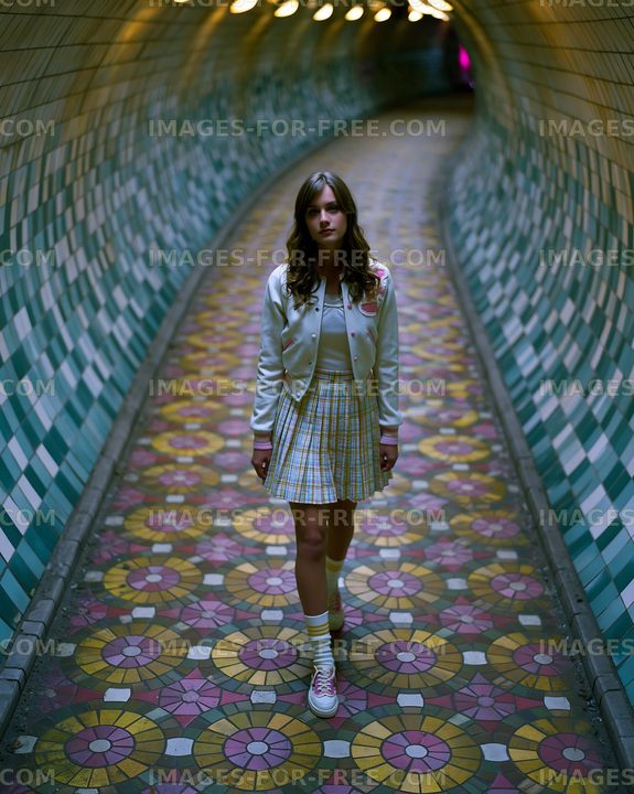 Girl walking in a patterned tunnel with colorful tiles