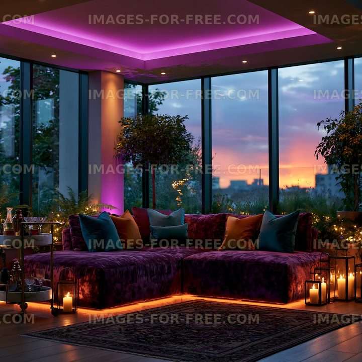 Sunset view from a modern lounge with colorful lighting and plants