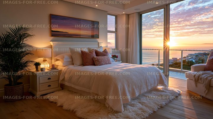 Sunset view from a cozy bedroom with modern decor